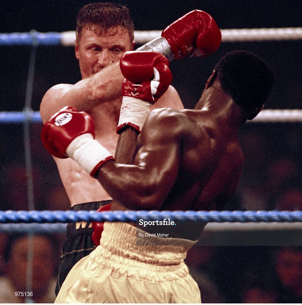 18 March 1995; Steve Collins, left, exchanges punches with Chris Eubank. WBO Super-Middleweight Title Fight, Steve Collins v Chris Eubank, Millstreet Arena, Co. Cork, Ireland. Picture credit; David Maher / SPORTSFILE