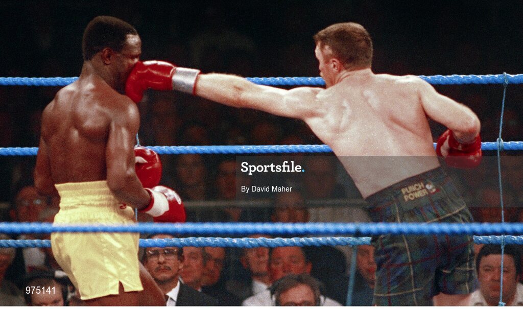 18 March 1995; Steve Collins, left, lands a left jab onto the face of Chris Eubank. WBO Super-Middleweight Title Fight, Steve Collins v Chris Eubank, Millstreet Arena, Co. Cork, Ireland. Picture credit; David Maher / SPORTSFILE