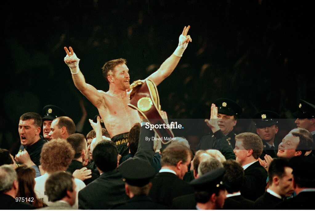 18 March 1995; Steve Collins celebrates after a points victory over the reigning champion Chris Eubank. WBO Super-Middleweight Title Fight, Steve Collins v Chris Eubank, Millstreet Arena, Co. Cork, Ireland. Picture credit; David Maher / SPORTSFILE