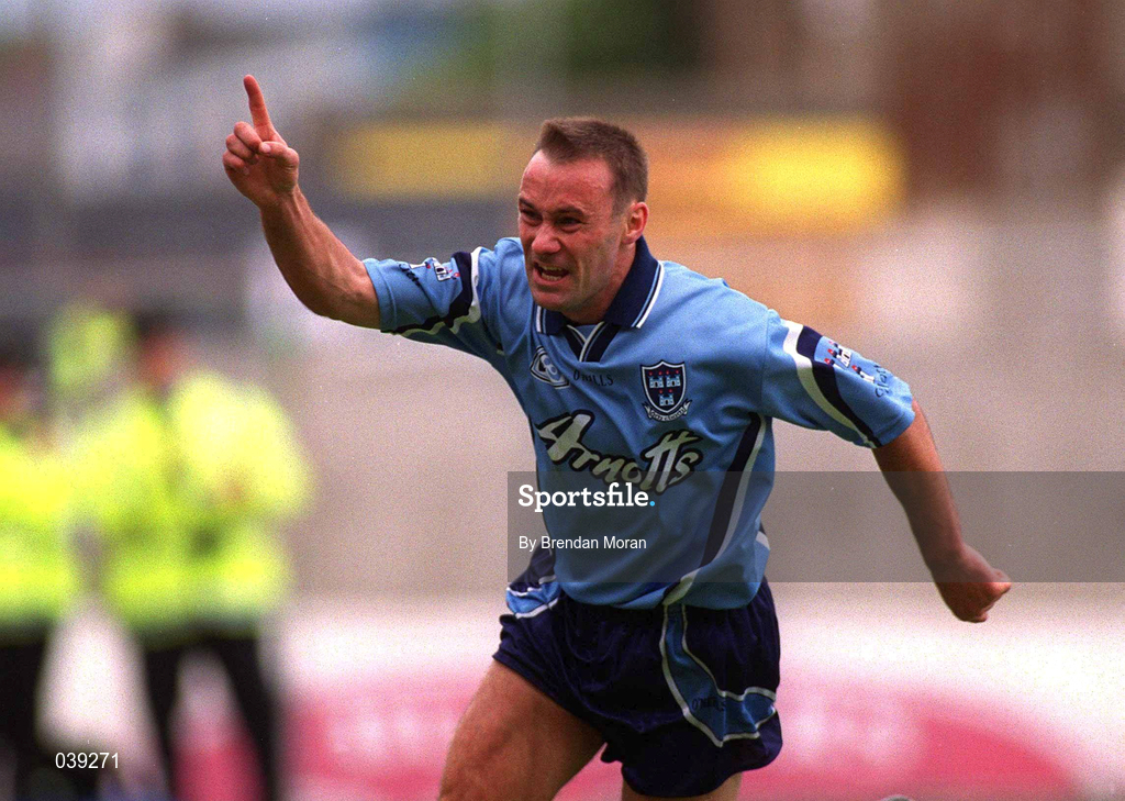 11 June 2000; Dublin's Paul Curran celebrates scoring his side's first goal during the Bank of Ireland Leinster Senior Football Championship Quarter-Final match between Dublin and Wexford at Croke Park in Dublin. Photo by Brendan Moran/Sportsfile