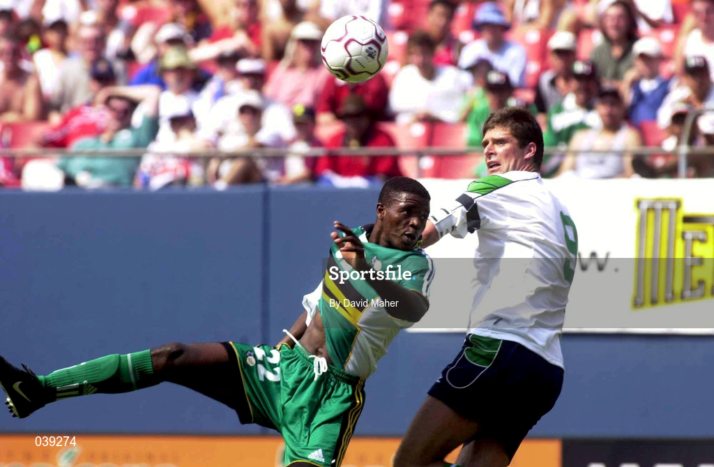 11 June 2000; Niall Quinn of Republic of Ireland in action against Aaron Mokoena of South Africa during the US Nike Cup match between Republic of Ireland and South Africa at Giants Stadium in East Rutherford, New Jersey, USA. Photo by David Maher/Sportsfile