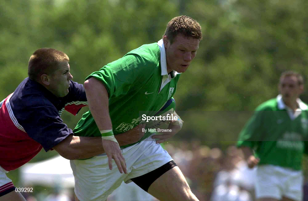 10 June 2000; Malcolm O'Kelly of Ireland is tackled by Don Younger of USA during the Rugby International match between USA and Ireland at Singer Family Park in Manchester, New Hampshire, USA. Photo by Matt Browne/Sportsfile