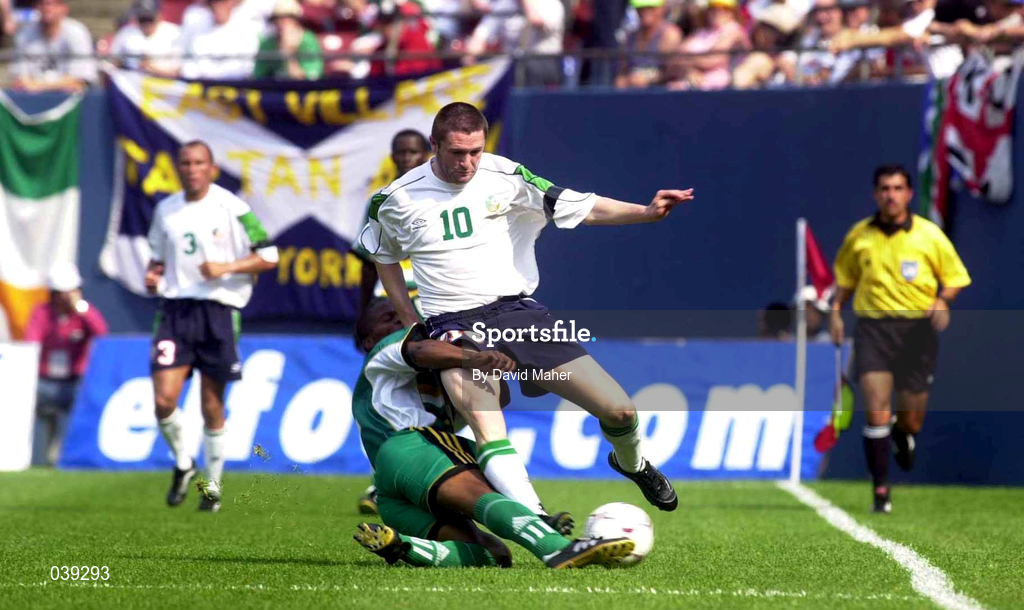 11 June 2000; Robbie Keane of Republic of Ireland in action against Andrew Rabutla of South Africa during the US Nike Cup match between Republic of Ireland and South Africa at Giants Stadium in East Rutherford, New Jersey, USA. Photo by David Maher/Sportsfile