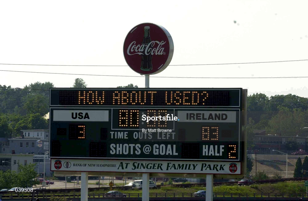 10 June 2000; The scoreboard featuring the match score of USA 3 Ireland 83 is seen following the Rugby International match between USA and Ireland at Singer Family Park in Manchester, New Hampshire, USA. Photo by Matt Browne/Sportsfile