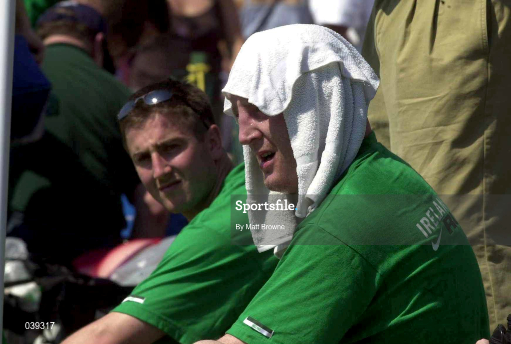 10 June 2000; Ireland's Keith Wood takes cover from the sun  during the Rugby International match between USA and Ireland at Singer Family Park in Manchester, New Hampshire, USA. Photo by Matt Browne/Sportsfile