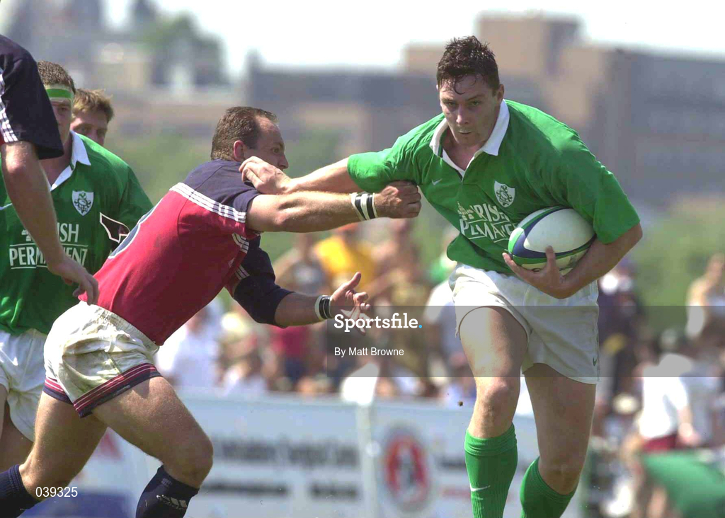 10 June 2000; David Wallace of Ireland holds off the challenge of Ray Lehner of USA during the Rugby International match between USA and Ireland at Singer Family Park in Manchester, New Hampshire, USA. Photo by Matt Browne/Sportsfile
