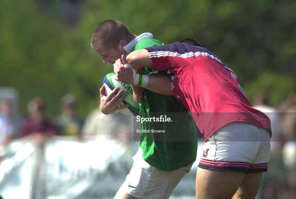 10 June 2000; Marcus Horan of Ireland is tackled by Robbie Flynn of USA during the Rugby International match between USA and Ireland at Singer Family Park in Manchester, New Hampshire, USA. Photo by Matt Browne/Sportsfile