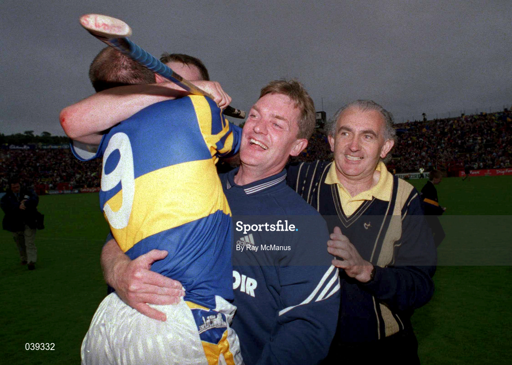 11 June 2000;  Tipperary's John Leahy, 9, and manager Nicky English celebrate victory following the Guinness Munster Senior Hurling Championship Semi-Final match between Tipperary and Clare at Páirc Uí Chaoimh in Cork. Photo by Ray McManus/Sportsfile