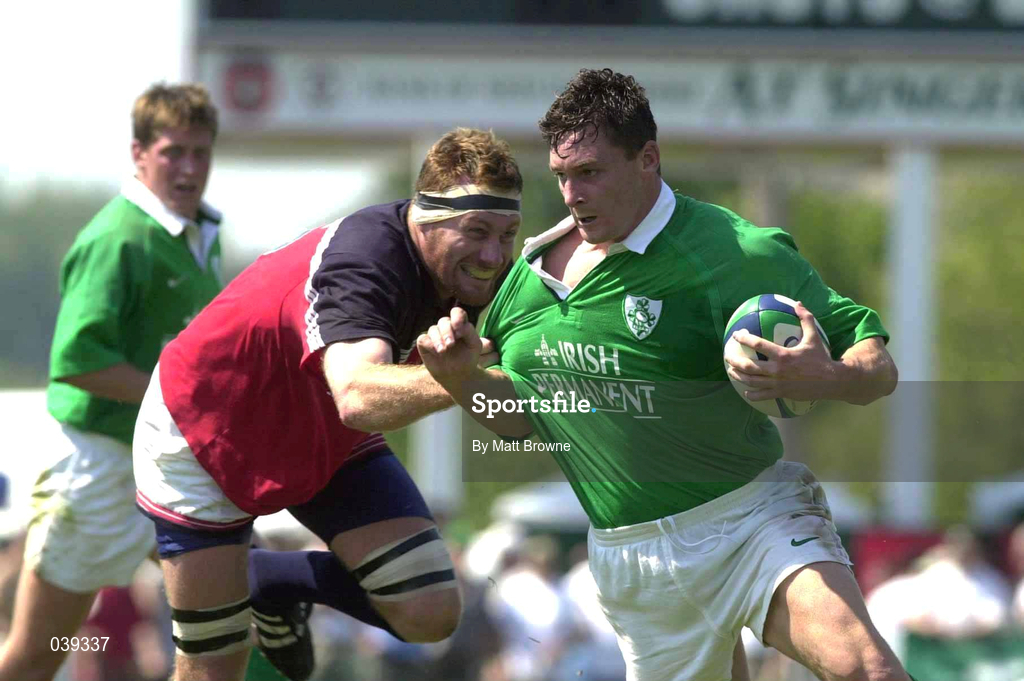 10 June 2000; David Wallace of Ireland is tackled by Philippe Farner of USA during the Rugby International match between USA and Ireland at Singer Family Park in Manchester, New Hampshire, USA. Photo by Matt Browne/Sportsfile