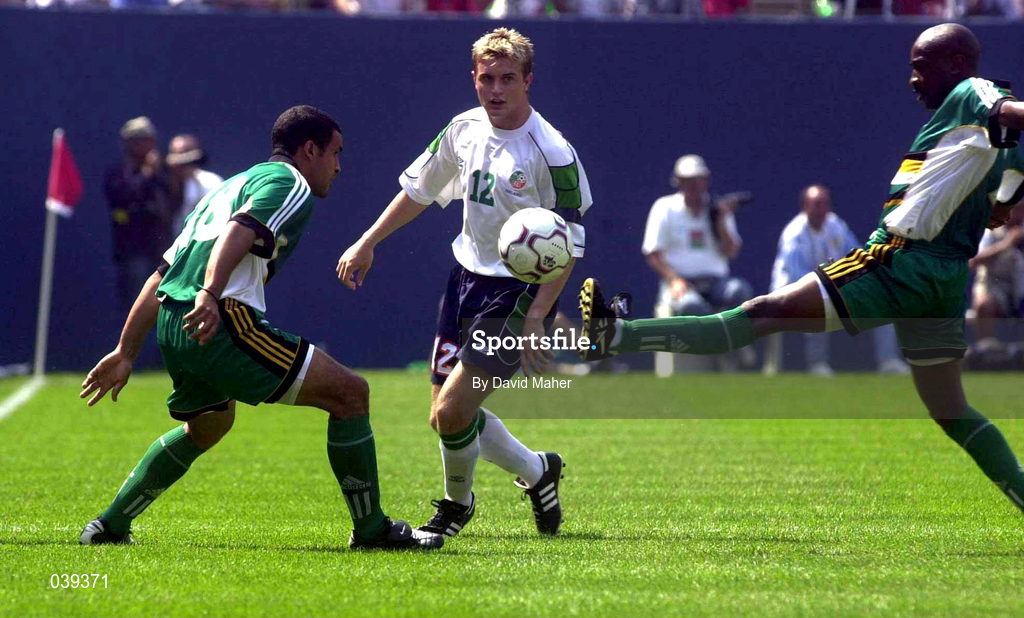 11 June 2000; Stephen McPhail of Republic of Ireland in action against Delron Buckley, left, and Shaun Bartlett of South Africa  during the US Nike Cup match between Republic of Ireland and South Africa at Giants Stadium in East Rutherford, New Jersey, USA. Photo by David Maher/Sportsfile