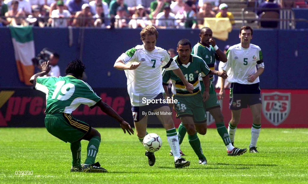 11 June 2000; Jason McAteer of Republic of Ireland in action against Delron Buckley, left, and Jacob Lekgetho of South Africa during the US Nike Cup match between Republic of Ireland and South Africa at Giants Stadium in East Rutherford, New Jersey, USA. Photo by David Maher/Sportsfile