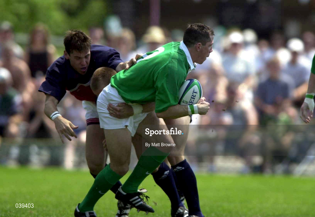 10 June 2000; Guy Easterby of Ireland is tackled by Don Younger and Kevin Dalzell of USA during the Rugby International match between USA and Ireland at Singer Family Park in Manchester, New Hampshire, USA. Photo by Matt Browne/Sportsfile
