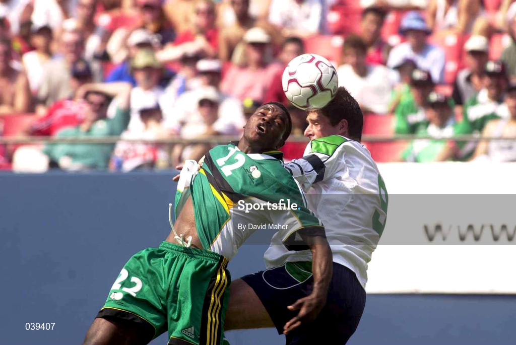 11 June 2000; Niall Quinn of Republic of Ireland in action against Aaron Mokoena of South Africa during the US Nike Cup match between Republic of Ireland and South Africa at Giants Stadium in East Rutherford, New Jersey, USA. Photo by David Maher/Sportsfile