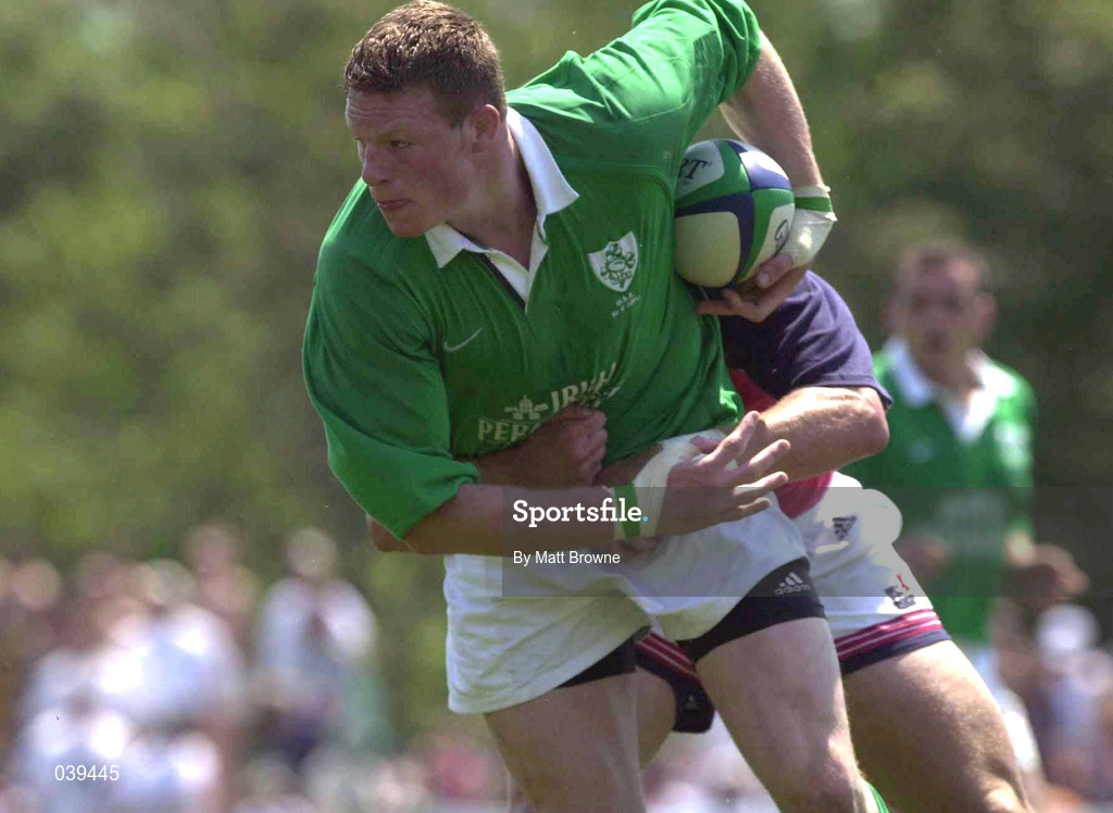 10 June 2000; Malcolm O'Kelly of Ireland is tackled by Don Younger of USA during the Rugby International match between USA and Ireland at Singer Family Park in Manchester, New Hampshire, USA. Photo by Matt Browne/Sportsfile