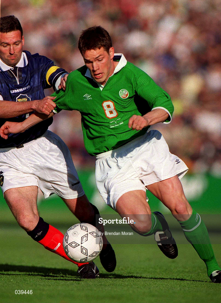 30 May 2000; Steve Finnan of Republic of Ireland in action against Paul Lambert of Scotland during the International Friendly match between Republic of Ireland and Scotland at Lansdowne Road in Dublin. Photo by Brendan Moran/Sportsfile