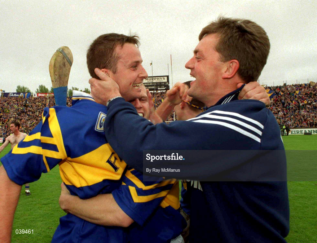 11 June 2000; Tipperary manager Nicky English, right,  celebrates with Brian O'Meara following the Guinness Munster Senior Hurling Championship Semi-Final match between Tipperary and Clare at Páirc Uí Chaoimh in Cork. Photo by Ray McManus/Sportsfile