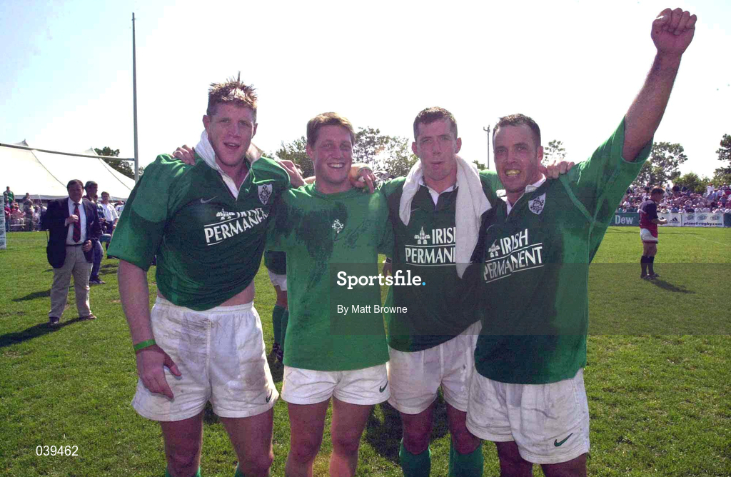 10 June 2000; Ireland players, from left, Simon Easterby, Ronan O'Gara, Guy Easterby and Mike Mullins celebrate their victory following the Rugby International match between USA and Ireland at Singer Family Park in Manchester, New Hampshire, USA. Photo by Matt Browne/Sportsfile
