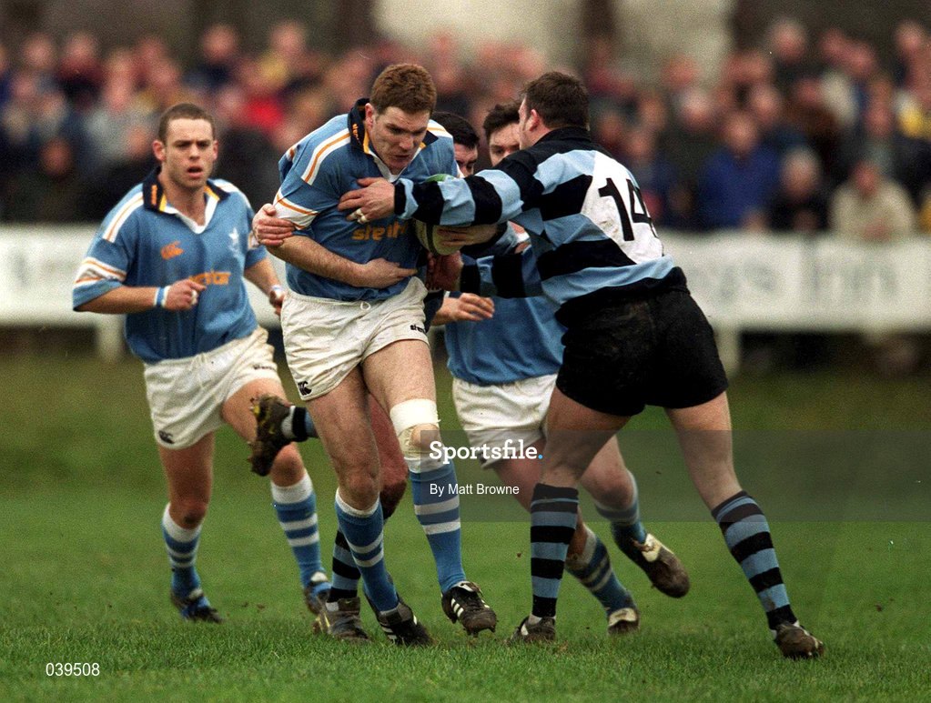 13 February 2000; Barry O'Neill of Garryowen is tackled by John Lacey of Shannon during the AIB All-Ireland League Division One game between Garryowen and Shannon at Dooradoyle in Limerick. Photo by Matt Browne/Sportsfile