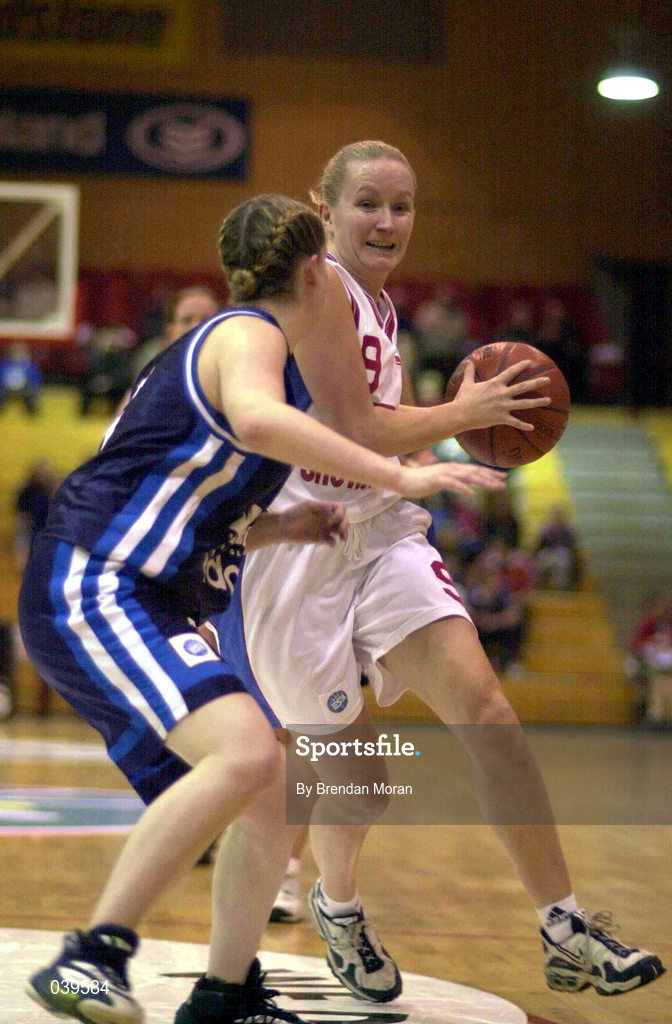 29 January 2000; Caitriona White of Avonmore Wildcats in action against Lisa Grennell of Killester during the Senior Women's Sprite Cup Semi-Final match between Avonmore Wildcats and Killester at the National Basketball Arena in Tallaght, Dublin. Photo by Brendan Moran/Sportsfile