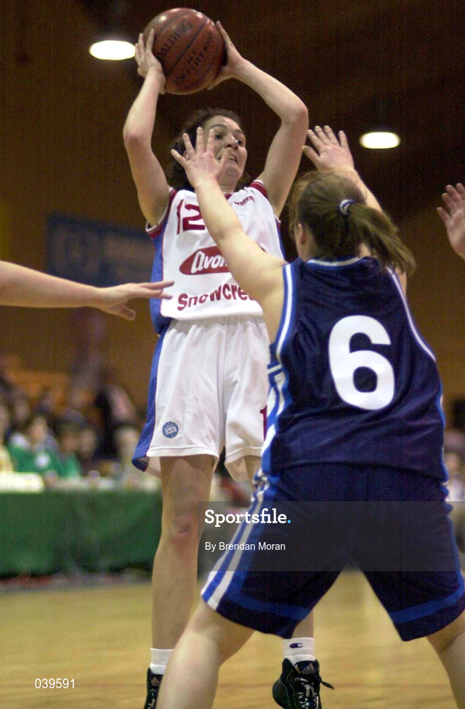 29 January 2000; Christine Kiely of Avonmore Wildcats in action against Ciara Fenton of Killester during the Senior Women's Sprite Cup Semi-Final match between Avonmore Wildcats and Killester at the National Basketball Arena in Tallaght, Dublin. Photo by Brendan Moran/Sportsfile