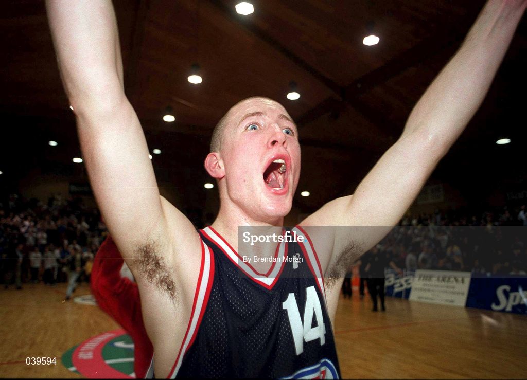 28 January 2000; Ciaran Dempsey of Denny Notre Dame celebrates following the Senior Men's Sprite Cup Semi-Final match between Tolka Rovers and Denny Notre Dame at the National Basketball Arena in Tallaght, Dublin. Photo by Brendan Moran/Sportsfile