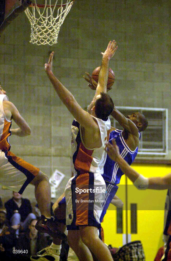 19 December 1999; Damon Schultz of Killester in action against John Leahy of Star of the Sea during the ESB Men's Superleague Basketball match between Killester and Star of the Sea at IWA, Clontarf, Dublin. Photo by Brendan Moran/Sportsfile