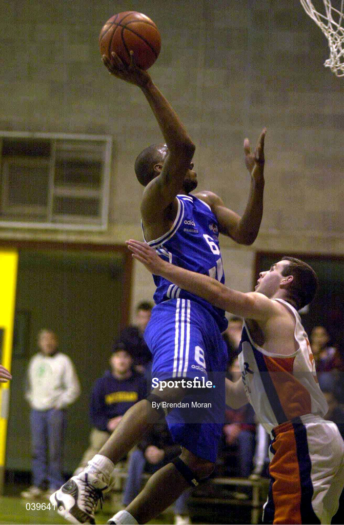 19 December 1999; Damon Schoultz of Killester in action against Ewan McGrattan of Star of the Sea during the ESB Men's Superleague Basketball match between Killester and Star of the Sea at IWA, Clontarf, Dublin. Photo by Brendan Moran/Sportsfile
