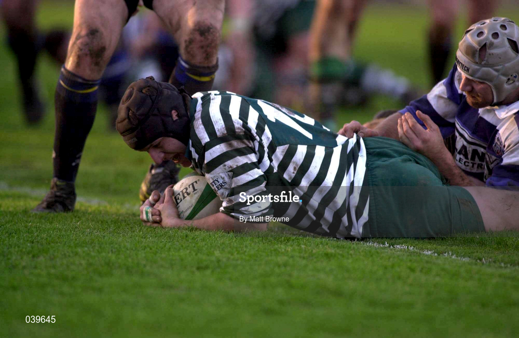 11 December 1999; Daniel Whiston of Greystones scores his side's opening try despite the tackle of Matthew Bird, Old Crescent, during the AIB Rugby League Division 2 match between Greystones RFC and Old Crescent at Dr Hickey Park in Greystones, Wicklow. Photo by Matt Browne/Sportsfile