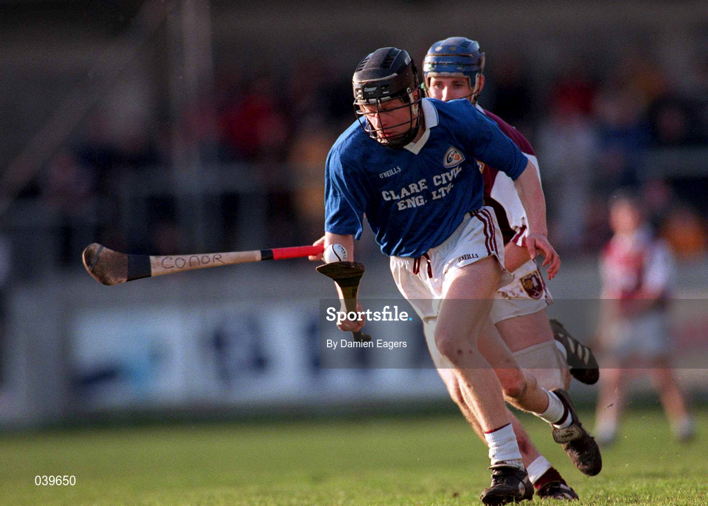 13 February 2000; Darragh O'Driscoll of St Joseph's Doora Barefield in action against Ryan McNaughton of Cushendall during the AIB All-Ireland Senior Club Hurling Championship Semi-Final match between Cushendall, Antrim, and St Joseph's Doora Barefield, Clare, at Parnell Park in Dublin. Photo by Damien Eagers/Sportsfile