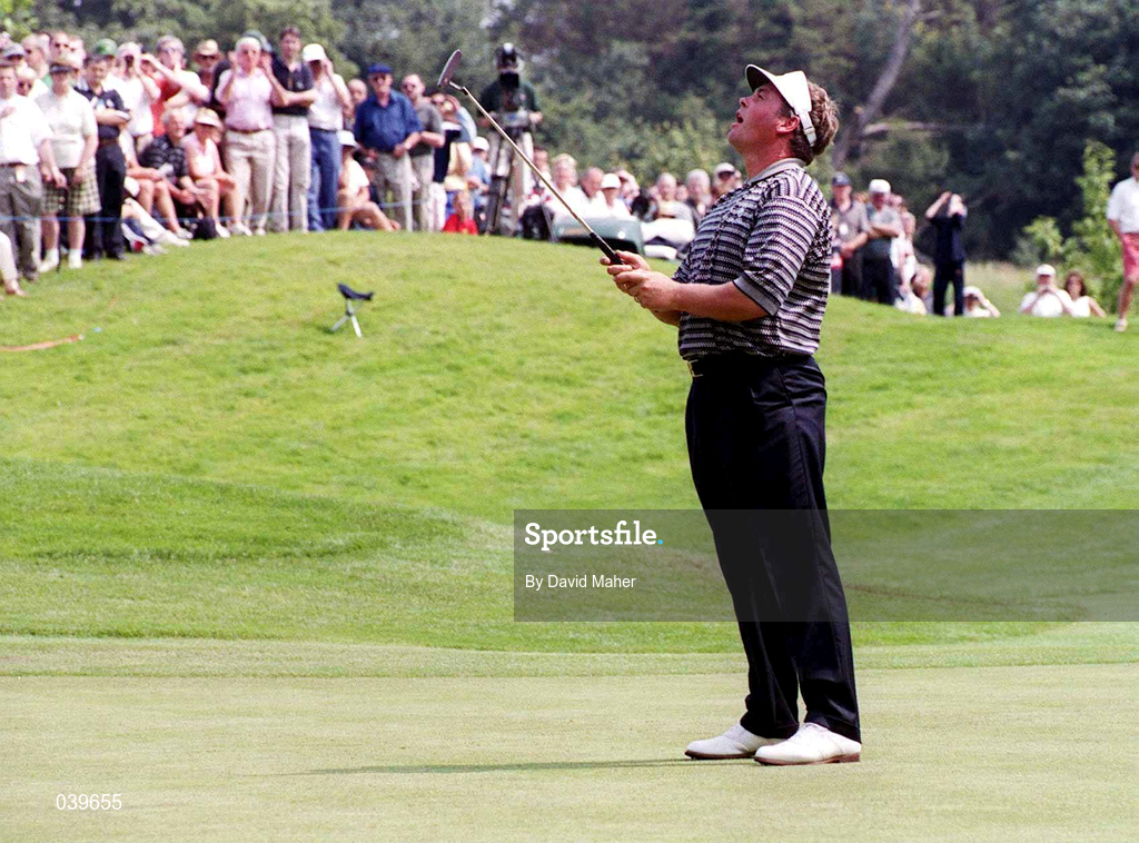 31 July 1999; Darren Clarke reacts after missing a putt for a record 9 birdie's in a row, at the 8th green, during day two of the Smurfit European Open at the K Club in Straffan, Kildare. Photo by David Maher/Sportsfile *** Local Caption *** Began his round from the 10th.