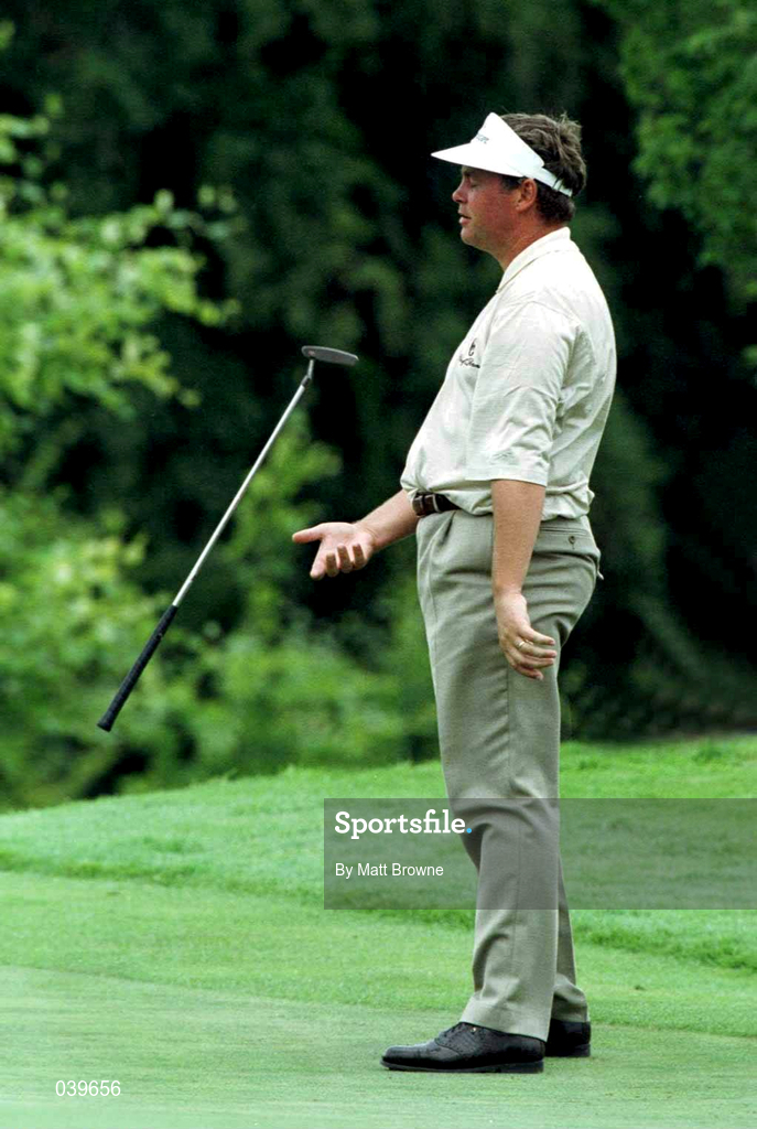 2 August 1999; Darren Clarke throws his putter in the air after missing a birdie putt on the 11th green during the final round of the Smurfit European Open at The K Club in Straffan, Kildare. Photo by Matt Browne/Sportsfile