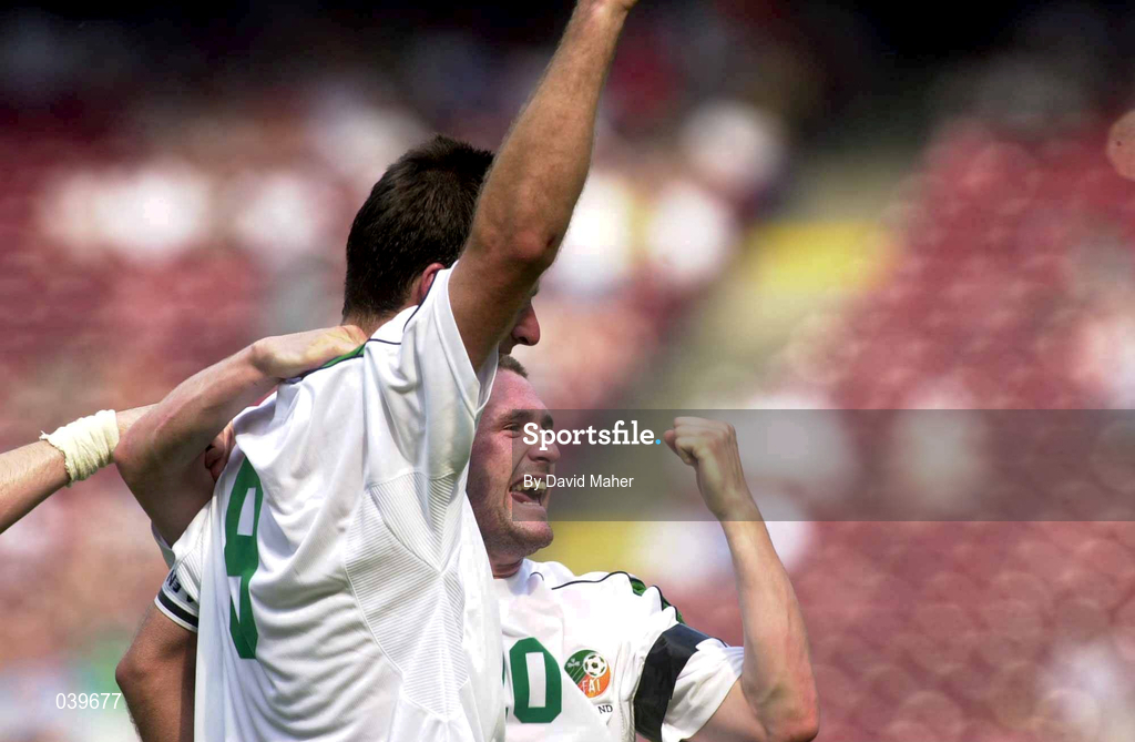 11 June 2000; Republic of Ireland's Niall Quinn, left, celebrates after scoring his side's second goal with team-mate Robbie Keane during the US Nike Cup match between Republic of Ireland and South Africa at Giants Stadium in East Rutherford, New Jersey, USA. Photo by David Maher/Sportsfile