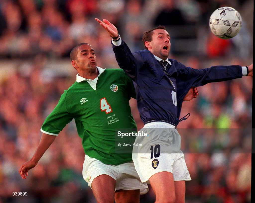 30 May 2000; Don Hutchison of Scotland in action against Phil Babb of Republic of Ireland during the International Friendly match between Republic of Ireland and Scotland at Lansdowne Road in Dublin. Photo by David Maher/Sportsfile