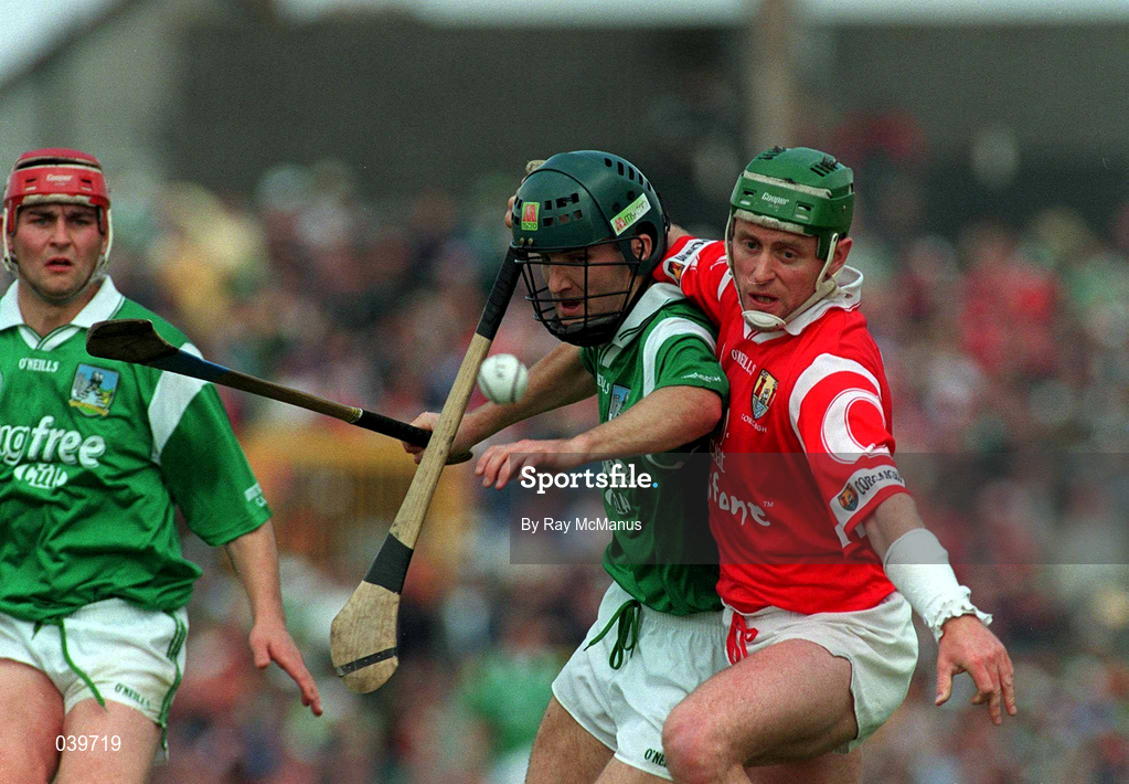 31 May 1998; Fergal Ryan of Cork in action against Damien Quigley of Limerick during the Guinness Munster Senior Hurling Championship Quarter-Final match between Limerick and Cork at the Gaelic Grounds in Limerick. Photo by Ray McManus/Sportsfile