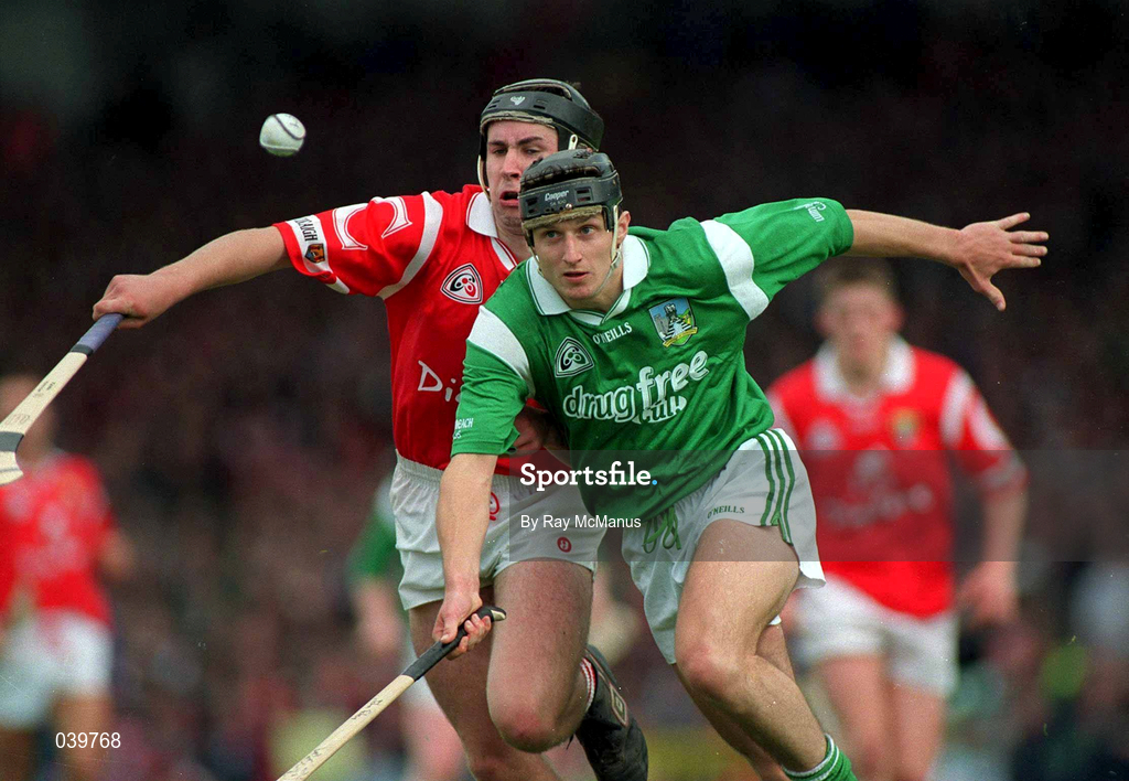 31 May 1998; Jack Foley of Limerick in action against Kieran Morrison of Cork during the Guinness Munster Senior Hurling Championship Quarter-Final match between Limerick and Cork at the Gaelic Grounds in Limerick. Photo by Ray McManus/Sportsfile