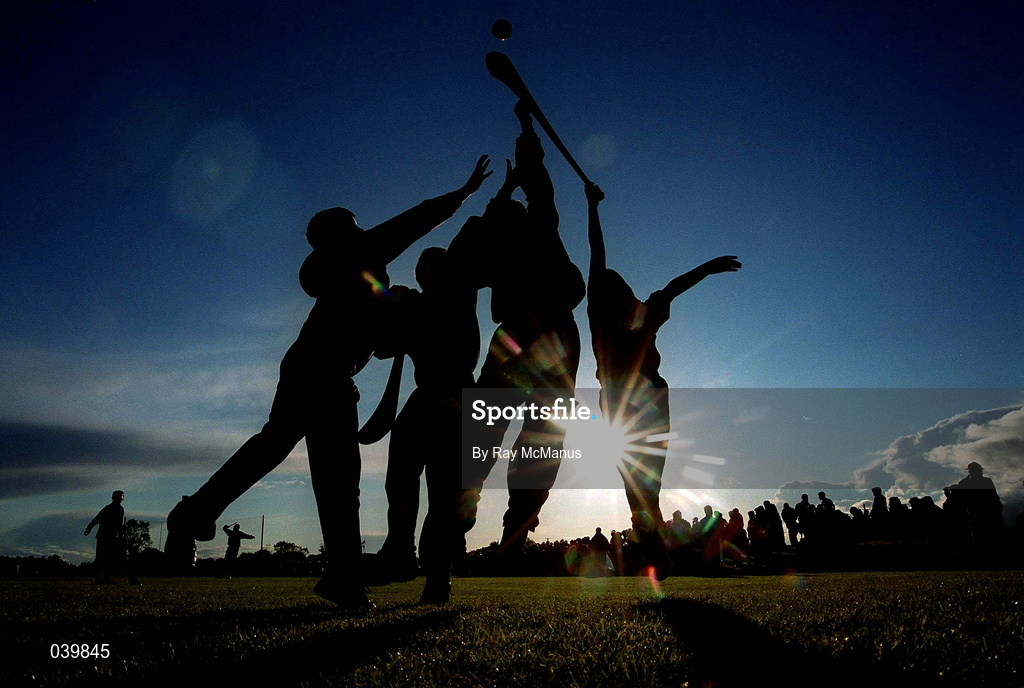 28 May 2000; Young hurler from Kilkenny, James Meehan, from Branford Cross, Kenneth Heffernan, from Loughboy, Ian Hayes, from Broguemakers Hill, and Matthew Byrne, from Castlewarren, practice their skills at half time of the Senior Hurling Challenge match between Kilkenny and Clare at Young Ireland's GAA Ground in Gowran, Kilkenny. Photo by Ray McManus/Sportsfile