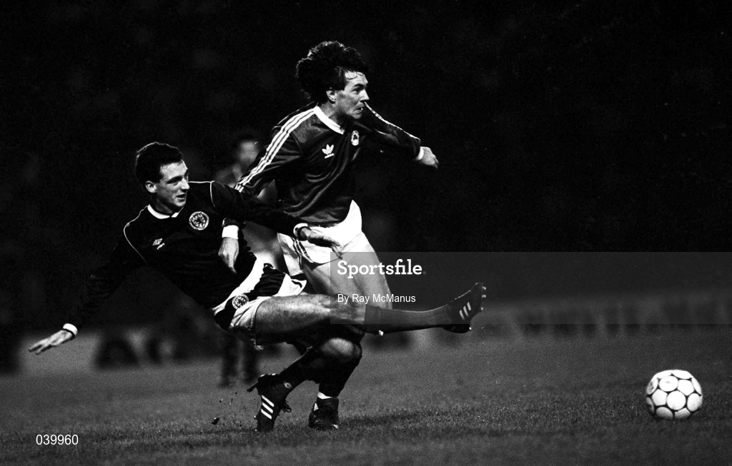 18 February 1987; Ray Houghton of Republic of Ireland in action against Paul McStay of Scotland during the UEFA European Championship Qualifier Group 7 match between Scotland and Republic of Ireland at Hampden Park in Glasgow, Scotland. Photo by Ray McManus/Sportsfile