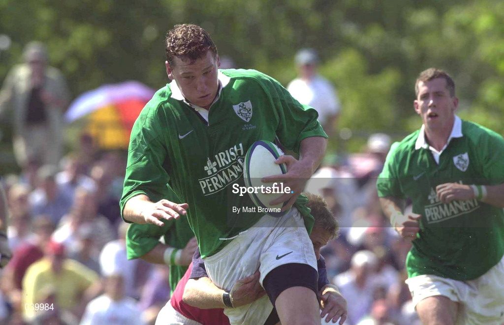 10 June 2000; Robert Casey of Ireland is tackled by Kevin Dalzell of USA during the Rugby International match between USA and Ireland at Singer Family Park in Manchester, New Hampshire, USA. Photo by Matt Browne/Sportsfile