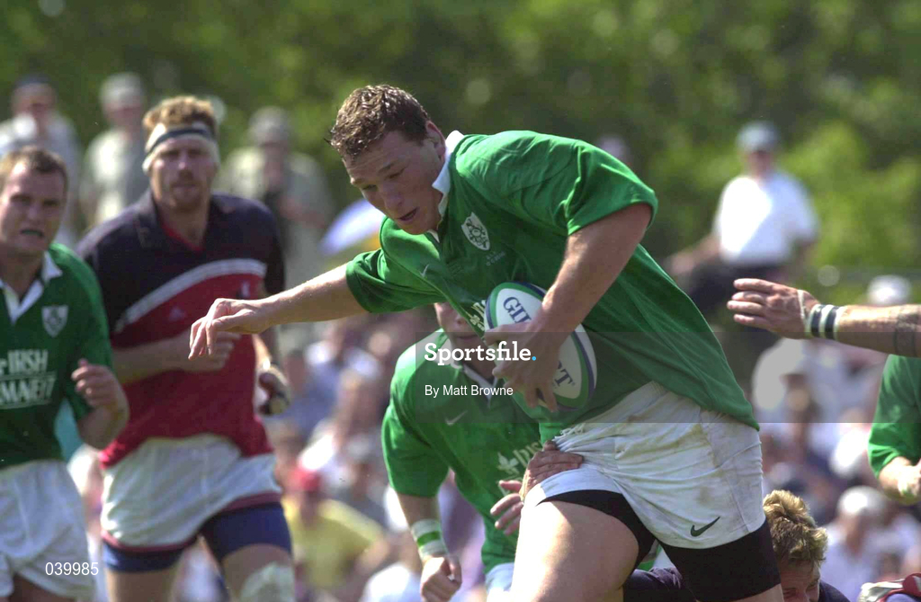 10 June 2000; Robert Casey of Ireland is tackled by Kevin Dalzell of USA during the Rugby International match between USA and Ireland at Singer Family Park in Manchester, New Hampshire, USA. Photo by Matt Browne/Sportsfile