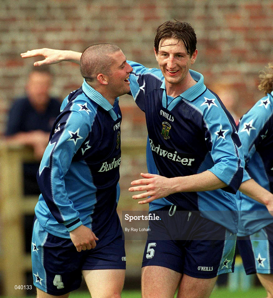 18 June 2000; Robert McAuley celebrates after scoring with UCD team-mate Clive Delaney, right, during the UEFA Intertoto Cup First Round First Leg match between UCD and Velbazhd Kyustendil at Belfield Park in Dublin. Photo by Ray Lohan/Sportsfile