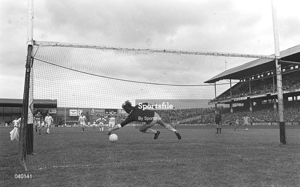 29 June 1980; Matt Connor of Offaly scores a a penalty past Kildare goalkeeper Ollie Crinnigan during the Leinster Senior Football Championship Semi-Final match between Offaly and Kildare at Croke Park in Dublin. Photo by Sportsfile