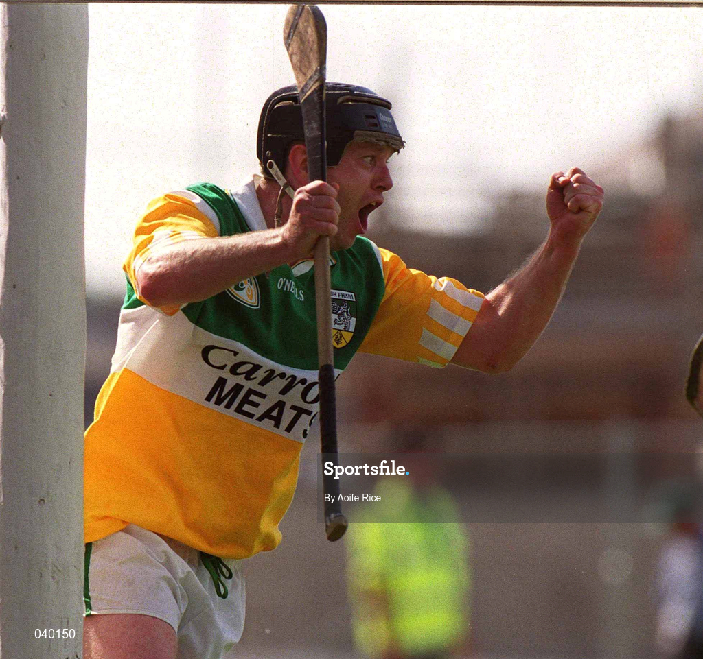 18 June 2000; Joe Errity of Offaly celebrates after scoring his side's second goal  during the Guinness Leinster Senior Hurling Championship Semi-Final match between Offaly and Wexford at Croke Park in Dublin. Photo by Aoife Rice/Sportsfile