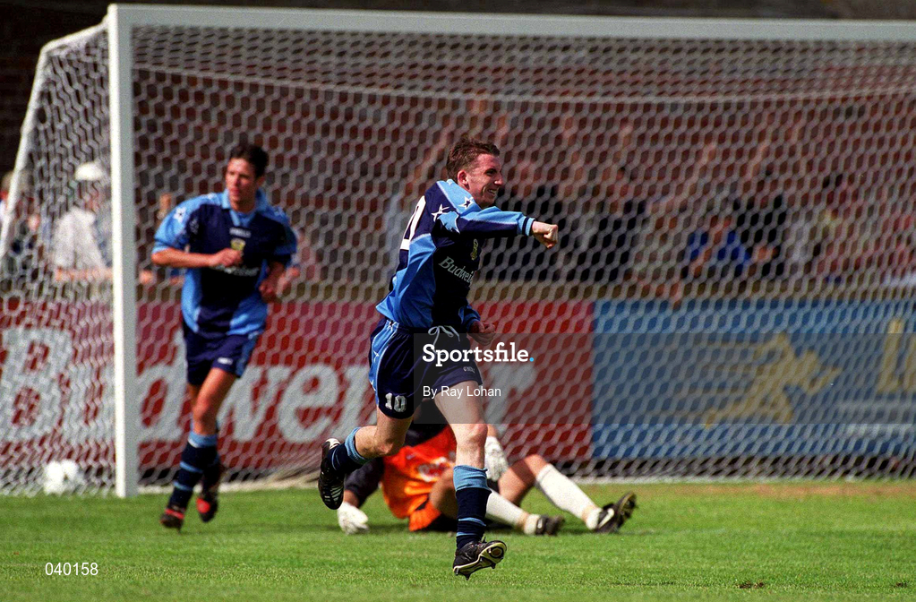 18 June 2000; Eoin Bennis celebrates after UCD team-mate Ciaran Martyn scored their thrid goal during the UEFA Intertoto Cup First Round First Leg match between UCD and Velbazhd Kyustendil at Belfield Park in Dublin. Photo by Ray Lohan/Sportsfile
