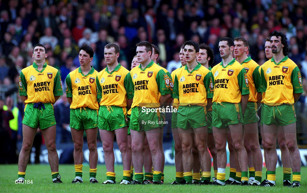 11 June 2000; The Donegal team stand for the National Anthem, Amhrán na bhFiann, prior to the Bank of Ireland Ulster Senior Football Championship Quarter-Final match between Donegal and Fermanagh at MacCumhail Park in Ballybofey, Donegal. Photo by Ray Lohan/Sportsfile