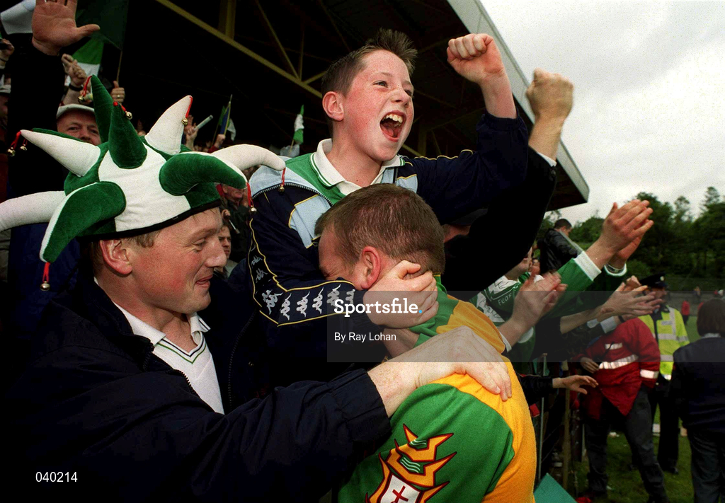 11 June 2000; Fermanagh supporters celebrate their team's victory over Donegal following the Bank of Ireland Ulster Senior Football Championship Quarter-Final match between Donegal and Fermanagh at MacCumhail Park in Ballybofey, Donegal. Photo by Ray Lohan/Sportsfile