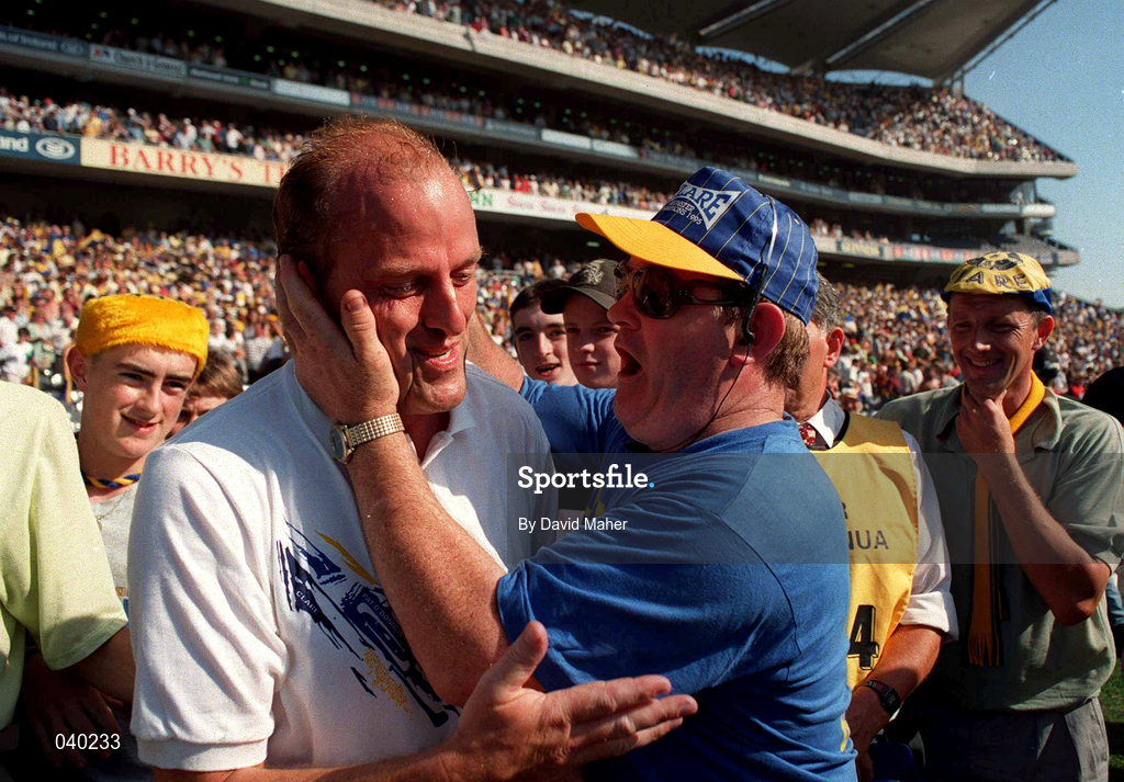 6 August 1995; Clare manager Ger Loughnane celebrates with supporters following their victory in the Guinness All-Ireland Senior Hurling Championship Semi-Final match between Clare and Galway at Croke Park in Dublin. Photo by David Maher/Sportsfile