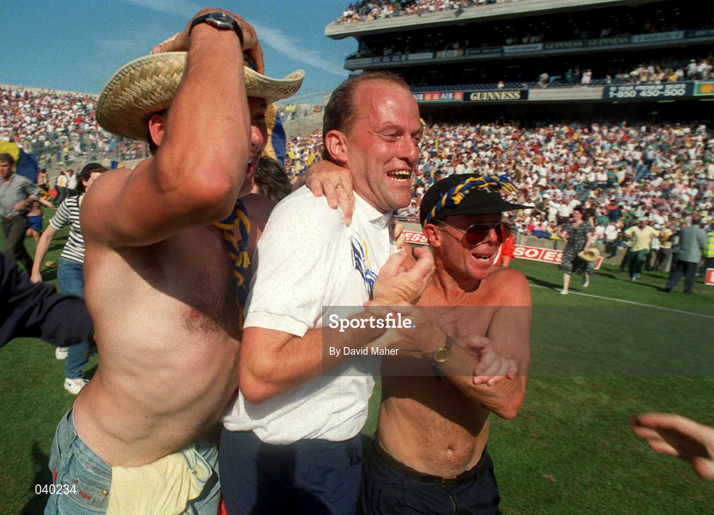 6 August 1995; Clare manager Ger Loughnane celebrates with supporters following their victory in the Guinness All-Ireland Senior Hurling Championship Semi-Final match between Clare and Galway at Croke Park in Dublin. Photo by David Maher/Sportsfile