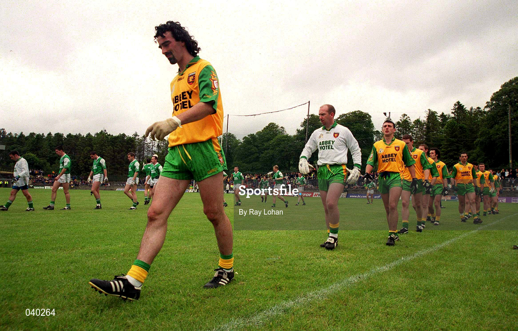 11 June 2000; Donegal captain Jim McGuinness leads his team in the pre-match parade ahead of the Bank of Ireland Ulster Senior Football Championship Quarter-Final match between Donegal and Fermanagh at MacCumhail Park in Ballybofey, Donegal. Photo by Ray Lohan/Sportsfile