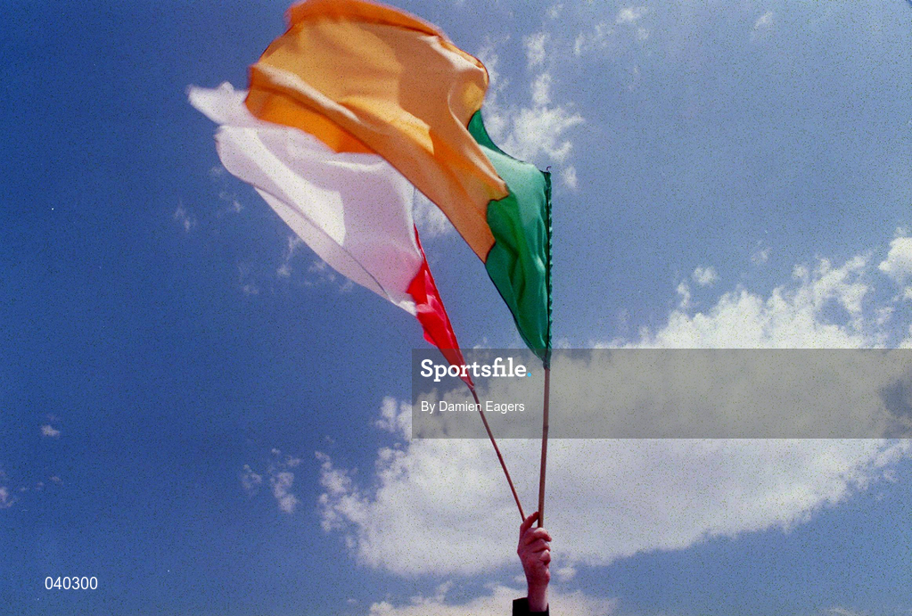 18 June 2000; Kerry and Cork flags are held by a seller prior to the Bank of Ireland Munster Senior Football Championship Semi-Final match between Kerry and Cork at Fitzgerald Stadium in Killarney, Kerry. Photo by Damien Eagers/Sportsfile