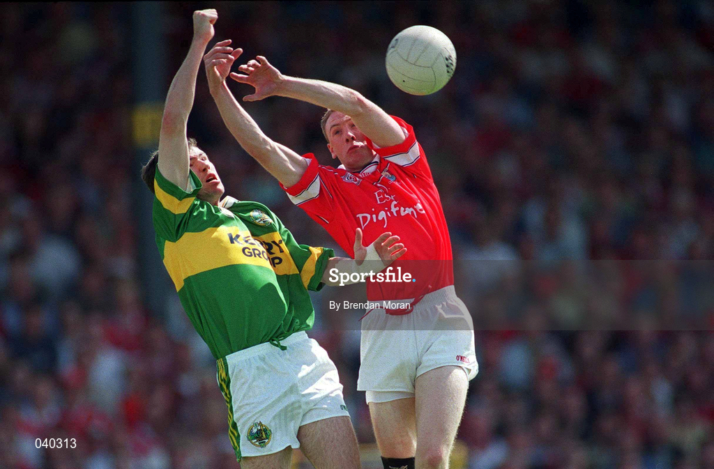 18 June 2000; Philip Clifford of Cork in action against Michael McCarthy of Kerry during the Bank of Ireland Munster Senior Football Championship Semi-Final match between Kerry and Cork at Fitzgerald Stadium in Killarney, Kerry. Photo by Brendan Moran/Sportsfile